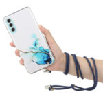 For Samsung Galaxy S23 5G Hollow Marble Pattern TPU Shockproof Phone Case with Neck Strap Rope(Blue)