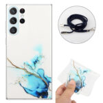 For Samsung Galaxy S23 Ultra 5G Hollow Marble Pattern TPU Shockproof Phone Case with Neck Strap Rope(Blue)