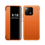 For Xiaomi 13 Magnetic Side Window View Shockproof Horizontal Flip Leather Case(Orange)