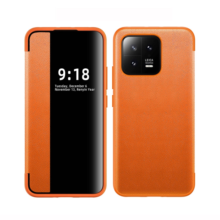 For Xiaomi 13 Magnetic Side Window View Shockproof Horizontal Flip Leather Case(Orange)