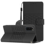 For Samsung Galaxy S20 Diamond Embossed Skin Feel Leather Phone Case with Lanyard(Black)