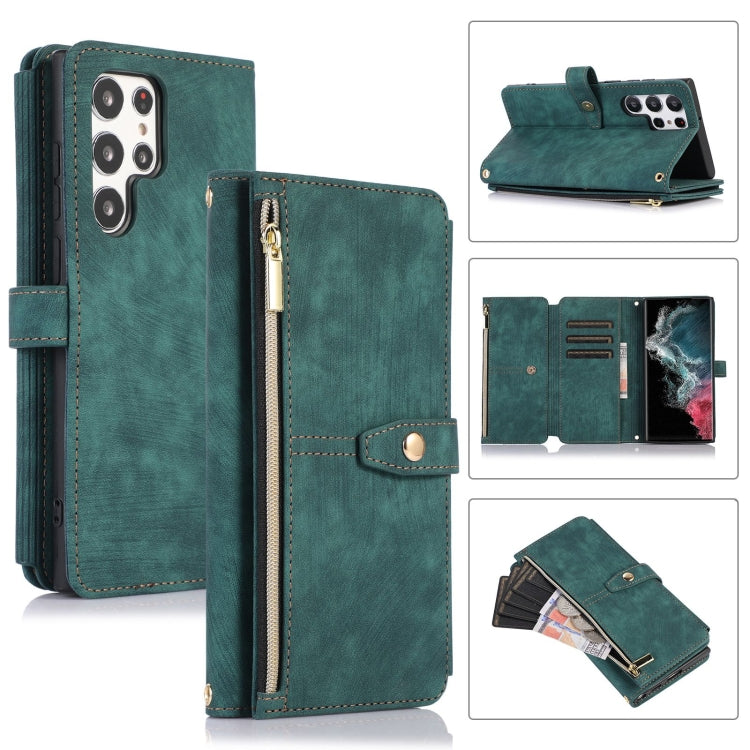 For Samsung Galaxy S22 Ultra 5G Dream 9-Card Wallet Zipper Bag Leather Phone Case(Green)