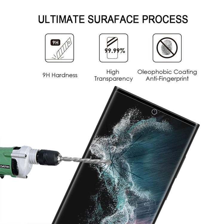 For Samsung Galaxy S23 Ultra 5G 2pcs 3D Edge Glue Tempered Glass Full Film with 2pcs Aluminum Lens Film Set, Support Fingerprint Unlock