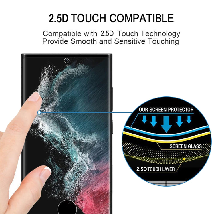 For Samsung Galaxy S23 Ultra 5G 2pcs 3D Edge Glue Tempered Glass Full Film with 2pcs Aluminum Lens Film Set, Support Fingerprint Unlock
