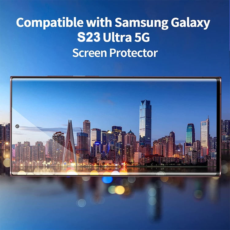 For Samsung Galaxy S23 Ultra 5G 2pcs 3D Edge Glue Tempered Glass Full Film with 2pcs Aluminum Lens Film Set, Support Fingerprint Unlock