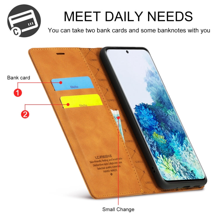 For Samsung Galaxy S20 LC.IMEEKE Strong Magnetism Ultra-thin Horizontal Flip Shockproof Matte TPU + PU Leather Case with Holder & Card Slots & Wallet(Brown)