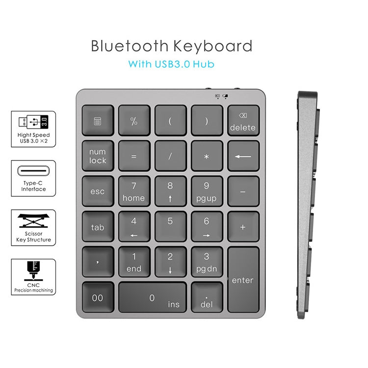 N970 Pro Dual Modes Aluminum Alloy Rechargeable Wireless Bluetooth Numeric Keyboard with USB HUB (Grey)