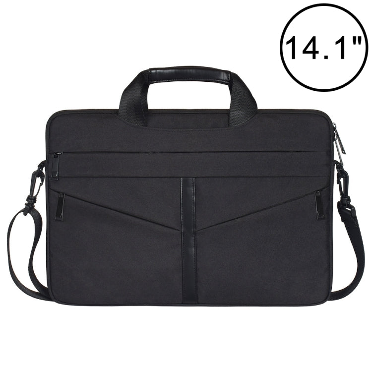 14.1 inch Breathable Wear-resistant Fashion Business Shoulder Handheld Zipper Laptop Bag with Shoulder Strap (Black)