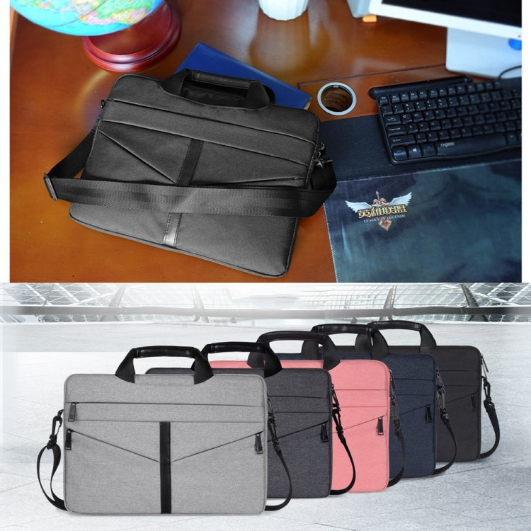 14.1 inch Breathable Wear-resistant Fashion Business Shoulder Handheld Zipper Laptop Bag with Shoulder Strap (Black)