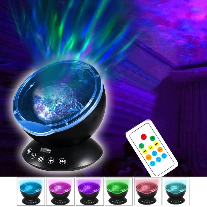 Hypnosis Ocean Wave Projector LED Night Light, 12 LEDs USB Charge Novelty Atmosphere Lamp with Remote Control & 7 Light Modes, Support TF Card / Audio Input, Built-in 4 Hypnosis Music, DC 5V(Black)
