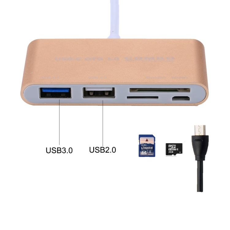 5 in 1 Micro SD + SD + USB 3.0 + USB 2.0 + Micro USB Port to USB-C / Type-C OTG COMBO Adapter Card Reader for Tablet, Smartphone, PC(Gold)