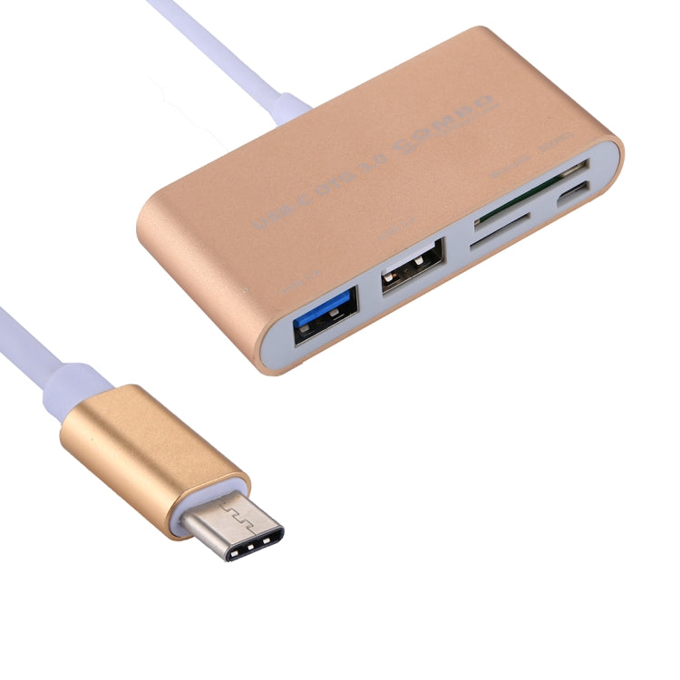 5 in 1 Micro SD + SD + USB 3.0 + USB 2.0 + Micro USB Port to USB-C / Type-C OTG COMBO Adapter Card Reader for Tablet, Smartphone, PC(Gold)