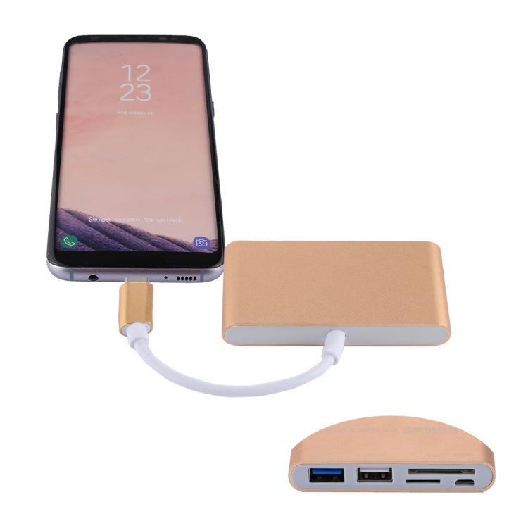 5 in 1 Micro SD + SD + USB 3.0 + USB 2.0 + Micro USB Port to USB-C / Type-C OTG COMBO Adapter Card Reader for Tablet, Smartphone, PC(Gold)