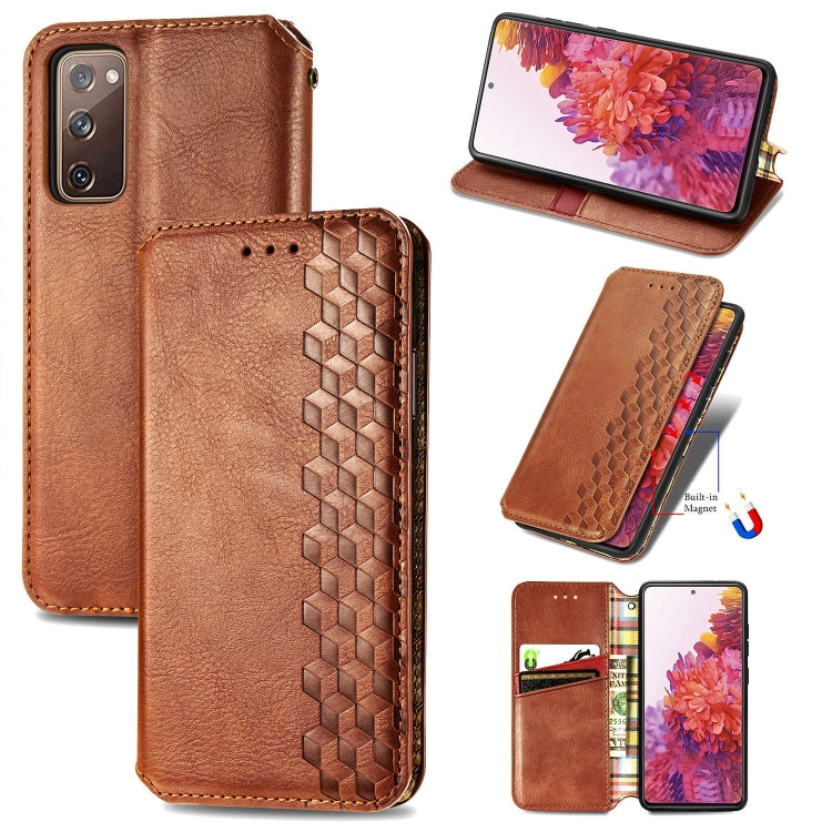 For Galaxy S20 FE(4G/5G) / S20 Lite Cubic Grid Pressed Horizontal Flip Magnetic PU Leather Case with Holder & Card Slots & Wallet(Brown)