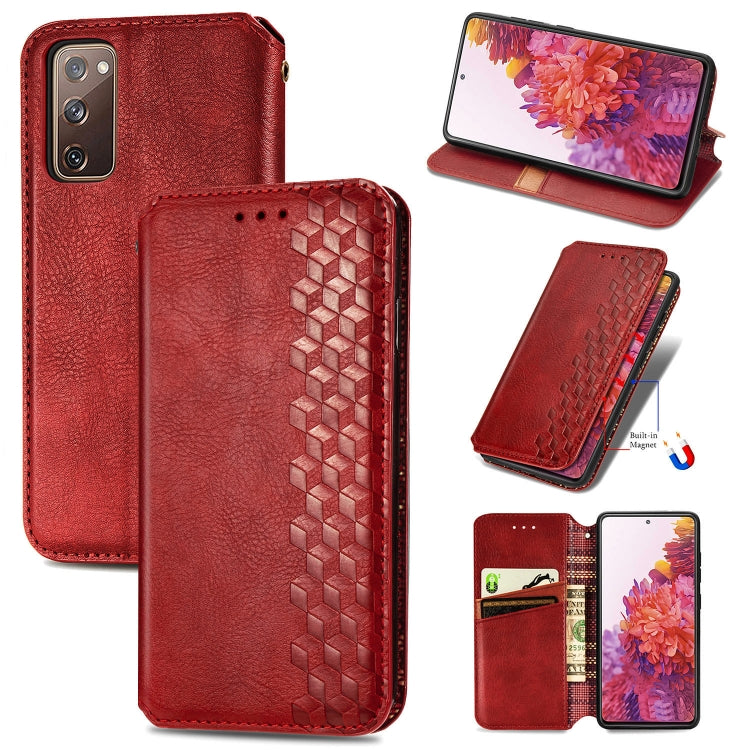 For Galaxy S20 FE(4G/5G) / S20 Lite Cubic Grid Pressed Horizontal Flip Magnetic PU Leather Case with Holder & Card Slots & Wallet(Red)