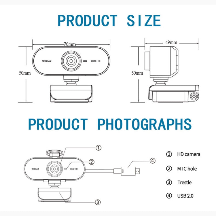 B1 4 Million Pixels 2K Resolution HD 1080P 360 Degrees Rotation Webcam with Mic & Tripod