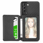 For Samsung Galaxy S21 5G Carbon Fiber Magnetic Card Bag TPU+PU Shockproof Back Cover Case with Holder & Card Slot & Photo Frame(Black)