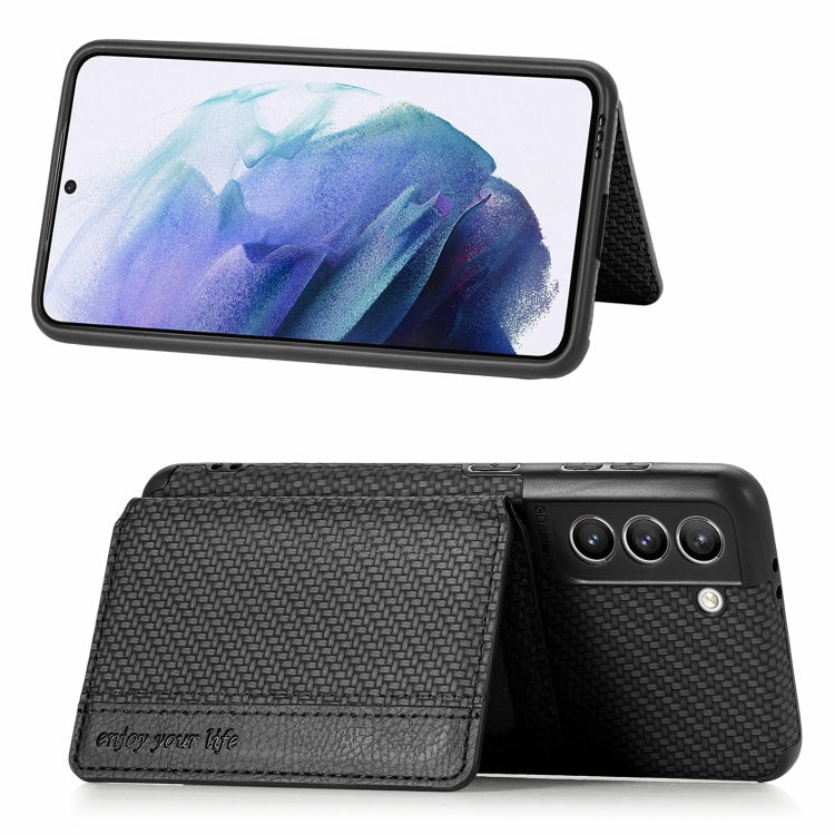 For Samsung Galaxy S21 5G Carbon Fiber Magnetic Card Bag TPU+PU Shockproof Back Cover Case with Holder & Card Slot & Photo Frame(Black)