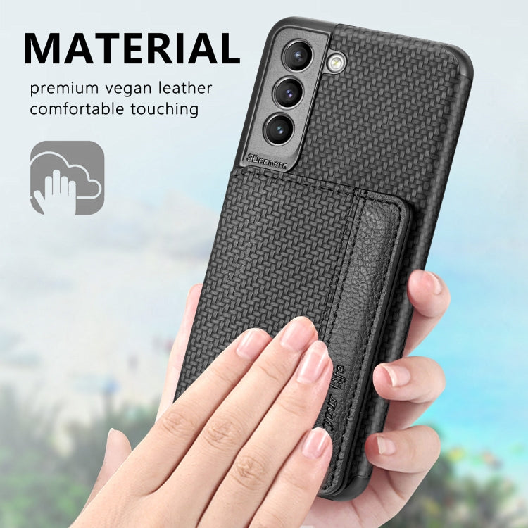 For Samsung Galaxy S21 5G Carbon Fiber Magnetic Card Bag TPU+PU Shockproof Back Cover Case with Holder & Card Slot & Photo Frame(Black)