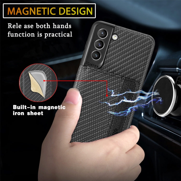 For Samsung Galaxy S21 5G Carbon Fiber Magnetic Card Bag TPU+PU Shockproof Back Cover Case with Holder & Card Slot & Photo Frame(Black)