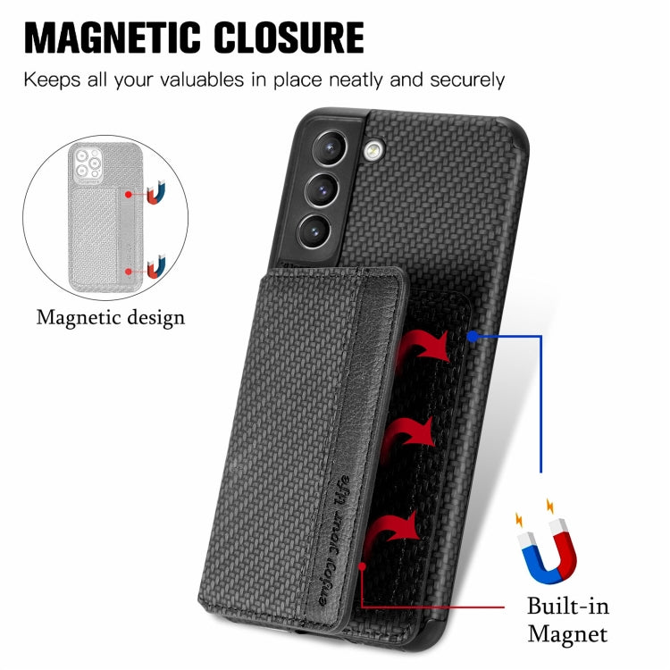 For Samsung Galaxy S21 5G Carbon Fiber Magnetic Card Bag TPU+PU Shockproof Back Cover Case with Holder & Card Slot & Photo Frame(Black)