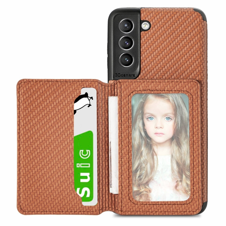 For Samsung Galaxy S21 5G Carbon Fiber Magnetic Card Bag TPU+PU Shockproof Back Cover Case with Holder & Card Slot & Photo Frame(Brown)
