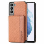 For Samsung Galaxy S21 5G Carbon Fiber Magnetic Card Bag TPU+PU Shockproof Back Cover Case with Holder & Card Slot & Photo Frame(Brown)