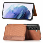 For Samsung Galaxy S21 5G Carbon Fiber Magnetic Card Bag TPU+PU Shockproof Back Cover Case with Holder & Card Slot & Photo Frame(Brown)