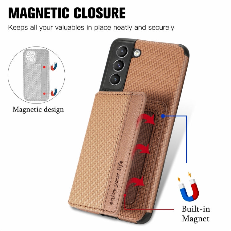 For Samsung Galaxy S21 5G Carbon Fiber Magnetic Card Bag TPU+PU Shockproof Back Cover Case with Holder & Card Slot & Photo Frame(Brown)