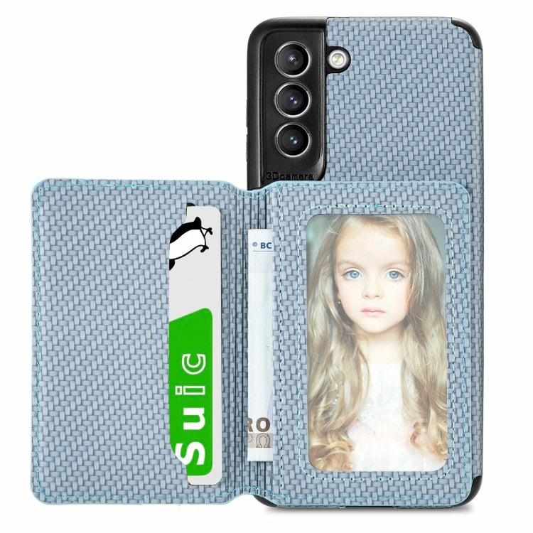 For Samsung Galaxy S21 5G Carbon Fiber Magnetic Card Bag TPU+PU Shockproof Back Cover Case with Holder & Card Slot & Photo Frame(Blue)