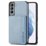 For Samsung Galaxy S21 5G Carbon Fiber Magnetic Card Bag TPU+PU Shockproof Back Cover Case with Holder & Card Slot & Photo Frame(Blue)