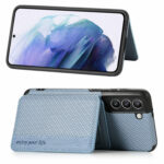 For Samsung Galaxy S21 5G Carbon Fiber Magnetic Card Bag TPU+PU Shockproof Back Cover Case with Holder & Card Slot & Photo Frame(Blue)