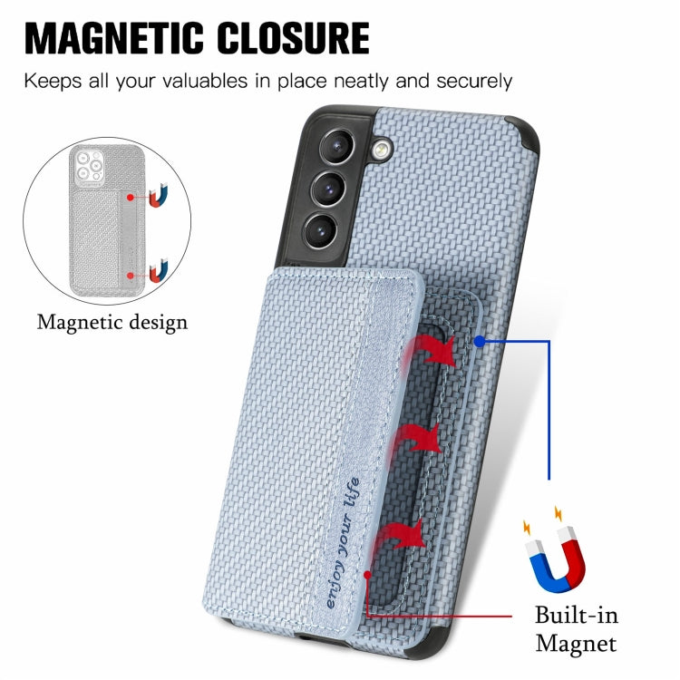 For Samsung Galaxy S21 5G Carbon Fiber Magnetic Card Bag TPU+PU Shockproof Back Cover Case with Holder & Card Slot & Photo Frame(Blue)