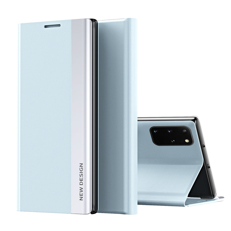 For Samsung Galaxy S20 Side Electroplated Magnetic Ultra-Thin Horizontal Flip Leather Case with Holder(Light Blue)