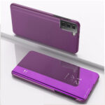 For Samsung Galaxy S23 5G Plated Mirror Leather Phone Case with Holder(Purple)