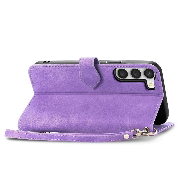 For Samsung Galaxy S23 5G Embossed Flower Zipper Leather Phone Case(Purple)