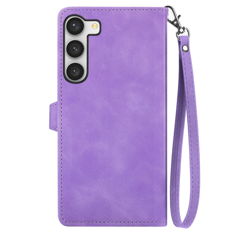 For Samsung Galaxy S23 Plus 5G Embossed Flower Zipper Leather Phone Case(Purple)