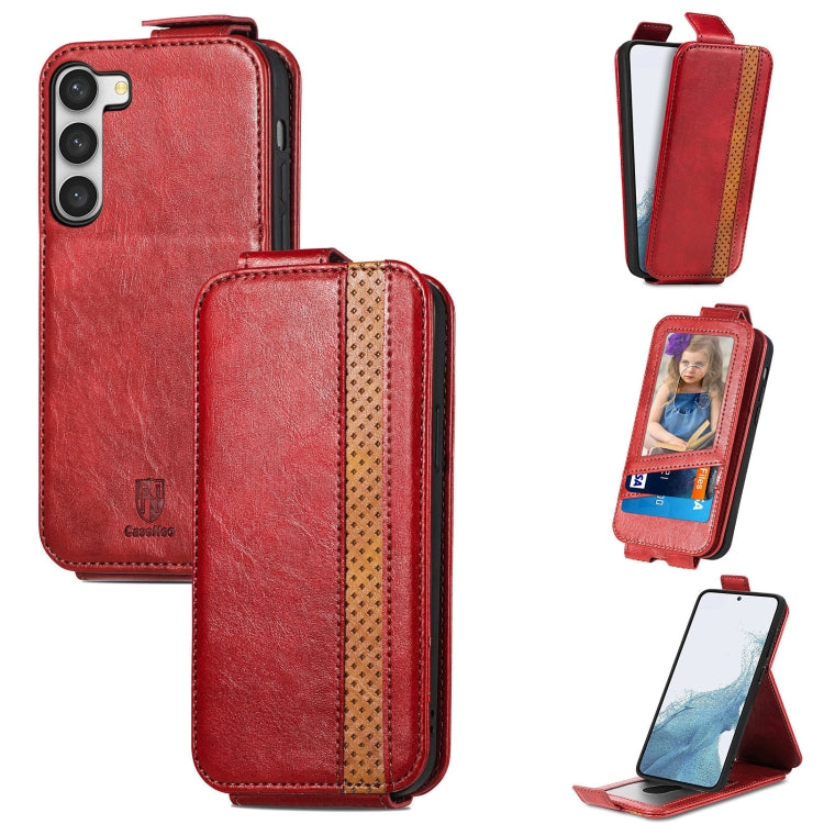 For Samsung Galaxy S23 5G Splicing Wallet Card Holder Vertical Flip Leather Phone Case(Red)