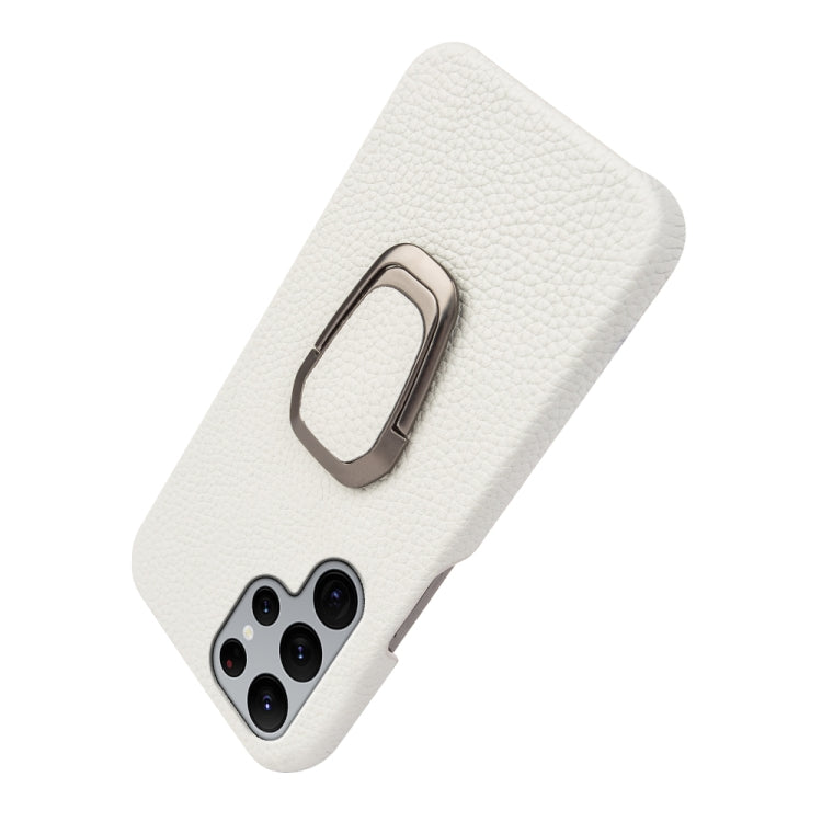 For Samsung Galaxy S22 Ultra 5G Ring Holder Litchi Texture Genuine Leather Phone Case(White)