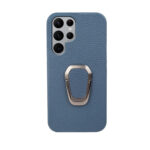 For Samsung Galaxy S22 Ultra 5G Ring Holder Litchi Texture Genuine Leather Phone Case(Blue)