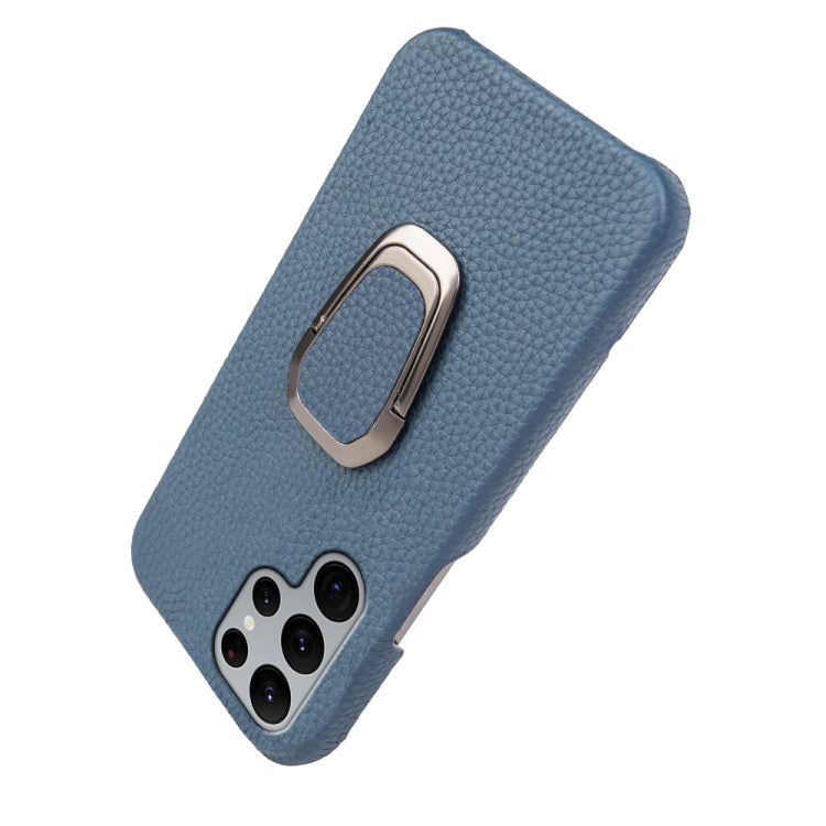 For Samsung Galaxy S22 Ultra 5G Ring Holder Litchi Texture Genuine Leather Phone Case(Blue)