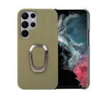 For Samsung Galaxy S22 Ultra 5G Ring Holder Litchi Texture Genuine Leather Phone Case(Green)