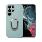 For Samsung Galaxy S22 Ultra 5G Ring Holder Litchi Texture Genuine Leather Phone Case(Cyan)