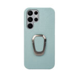 For Samsung Galaxy S22 Ultra 5G Ring Holder Litchi Texture Genuine Leather Phone Case(Cyan)