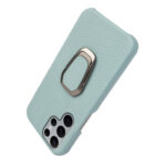 For Samsung Galaxy S22 Ultra 5G Ring Holder Litchi Texture Genuine Leather Phone Case(Cyan)