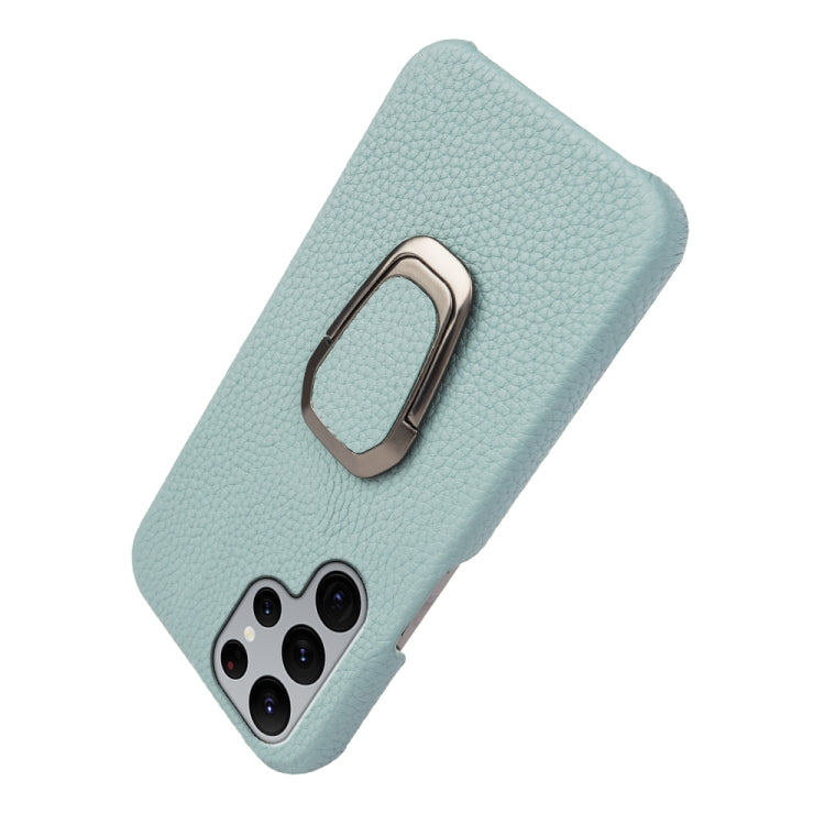 For Samsung Galaxy S22 Ultra 5G Ring Holder Litchi Texture Genuine Leather Phone Case(Cyan)