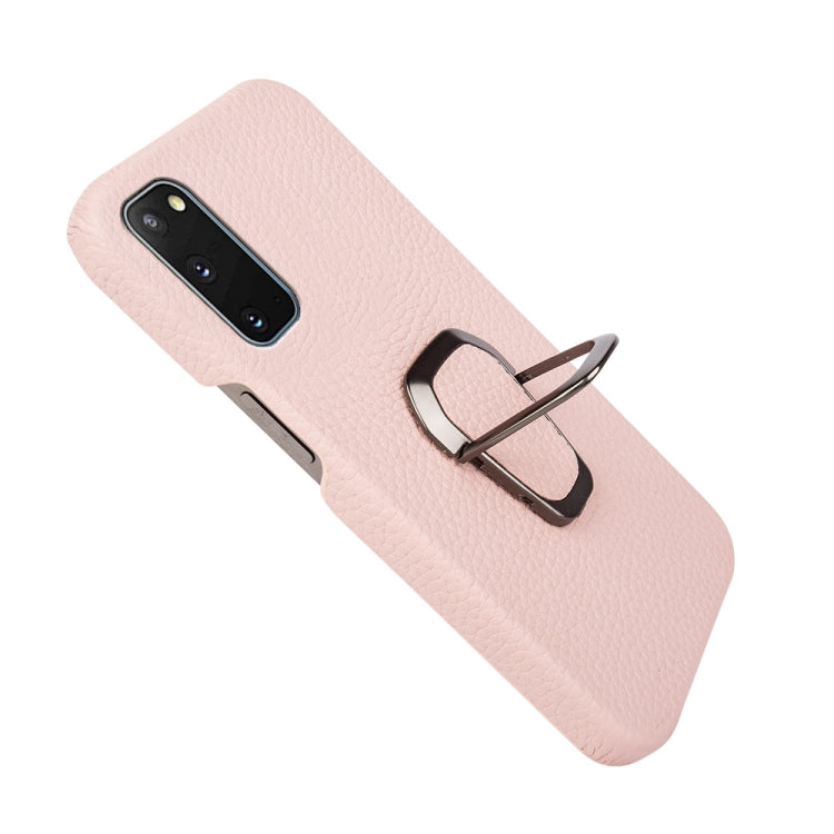 For Samsung Galaxy S20 Ring Holder Litchi Texture Genuine Leather Phone Case(Pink)