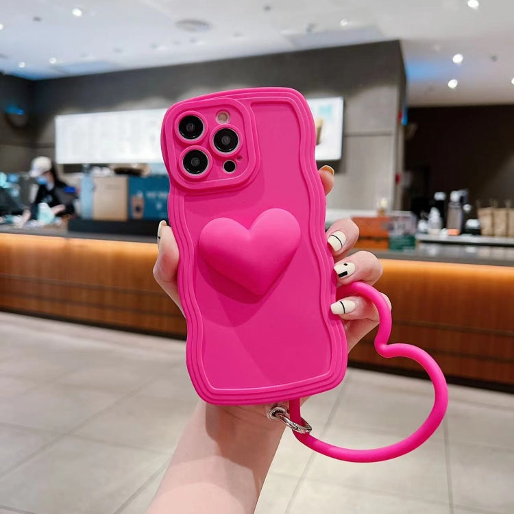 For iPhone 11 Pro Max 3D Heart Skin-Feel Silicone Phone Case with Wristband(Rose Red)