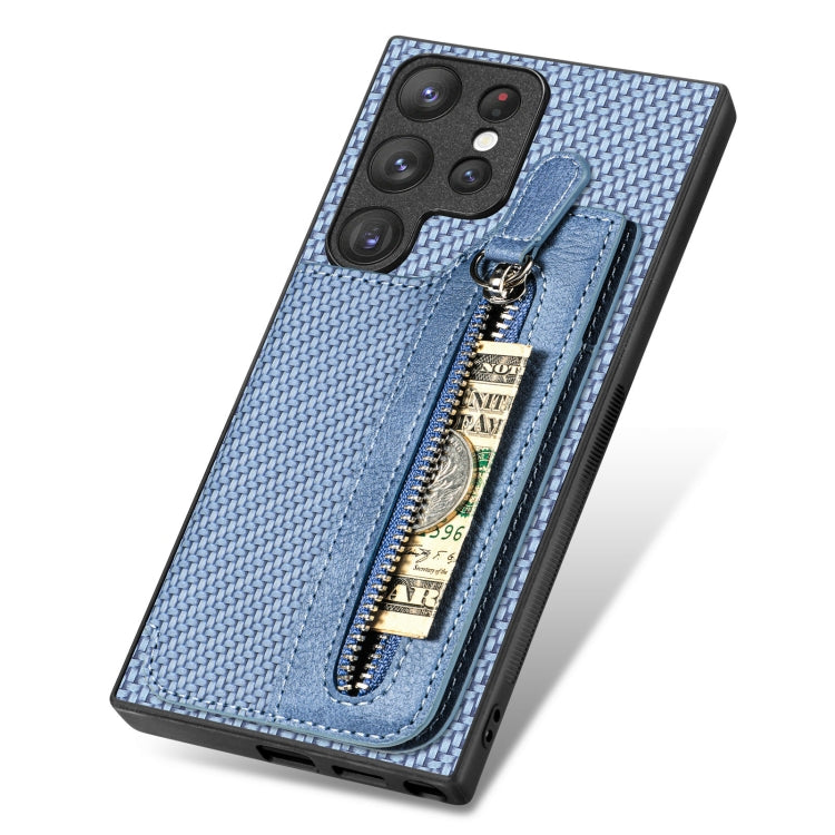 For Samsung Galaxy S23 Ultra 5G Carbon Ffiber Flip Zipper Wallet Phone Case(Blue)