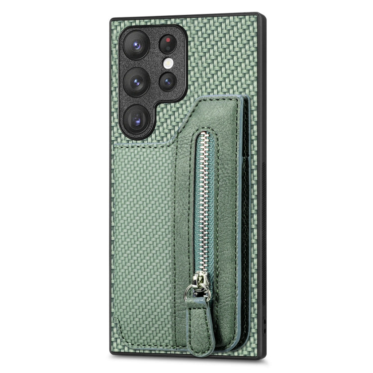 For Samsung Galaxy S23 Ultra 5G Carbon Ffiber Flip Zipper Wallet Phone Case(Green)